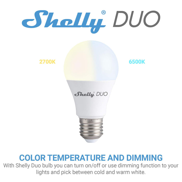 Shelly Duo, WiFi Smart Bulb, Warm Light, No Hub Required, iOS Android Enabled, Alex and Google Compatible, MQTT Enabled, 2500K to 6500K, 10W-800LM, E26 Bulb Base, 4 Pack