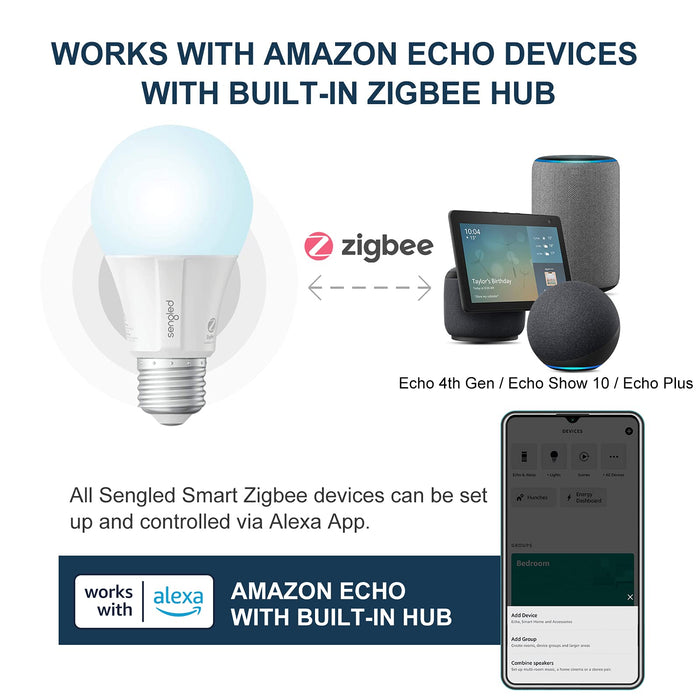 Sengled Zigbee Smart Light Bulbs, Smart Hub Required, Works with SmartThings and Echo with built-in Hub, Voice Control with Alexa and Google Home, Daylight 60W Equivalent A19 Alexa Light Bulb, 4 Pack