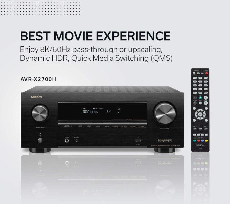 Denon AVR-X2700H 8K Ultra HD 7.2 Channel (95 Watt X 7) AV Receiver - Built for Gaming, Music Streaming, 3D Audio & Video, Alexa + HEOS