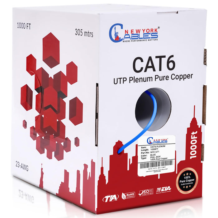 CAT6 Plenum (CMP) 1000ft Bulk Ethernet Cable | Certified 100% Pure Solid Bare Copper | 550MHz, 23AWG, UTP | Blue, White, Green, Red & Yellow High Bandwidth & Stable Performance - Blue