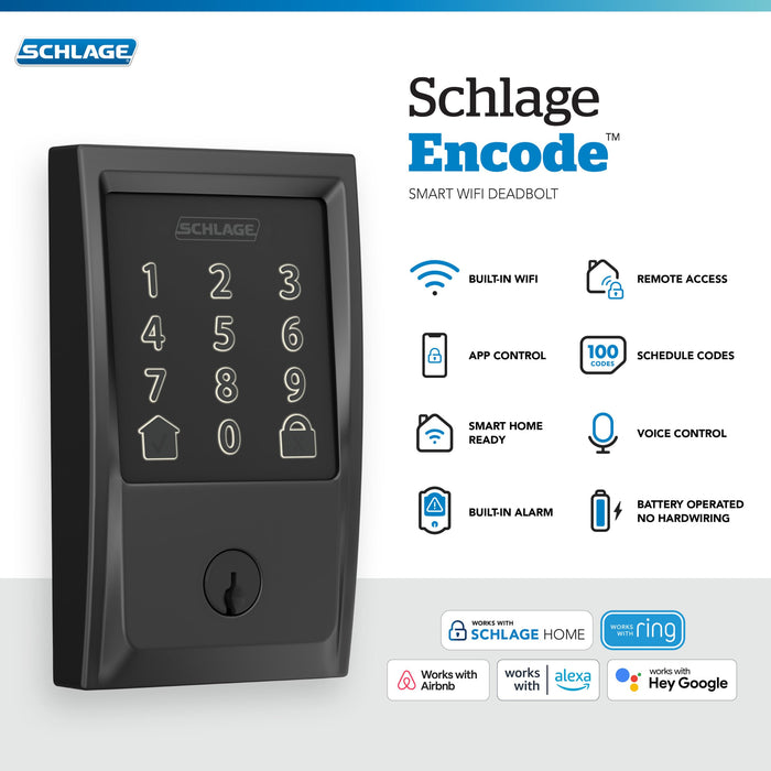 SCHLAGE Encode Smart WiFi Deadbolt with Century Trim in Matte Black (BE489WB CEN 622)