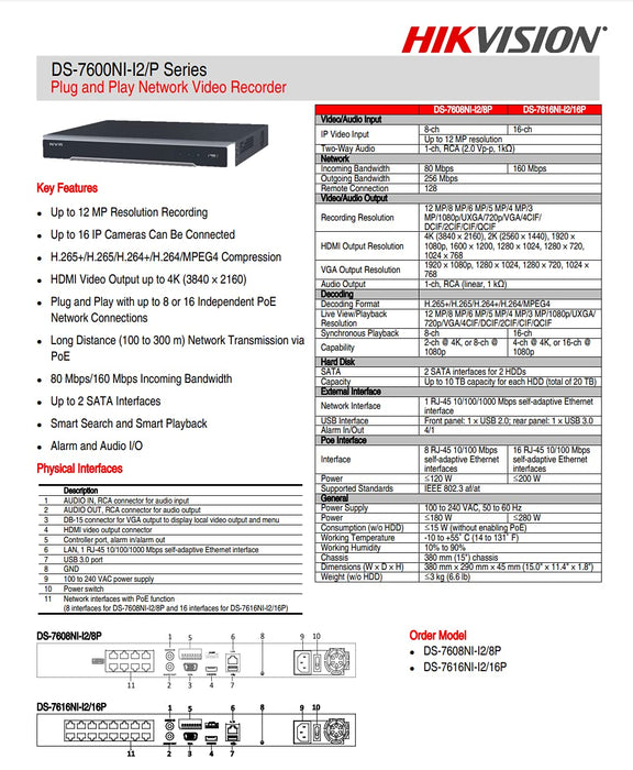 Hikvision 4K 8-Channel Network Video Recorder DS-7608NI-I2/8P 12MP POE Plug-and-Play NVR (International English Upgradeable)