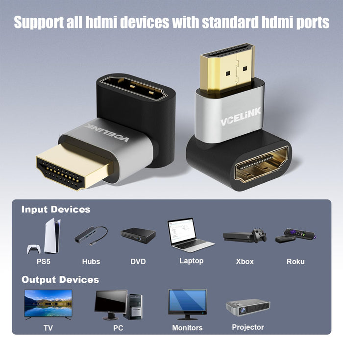 VCELINK 8K HDMI Male to Female Adapter, HDMI Right Angle Connector, HDMI 90 and 270 Degree Adapters, HDMI 2.1 Support 8K@60Hz, 4K@120Hz HDR, Dolby, eARC, 3D, for TV, Laptop, Monitor, DVR Player