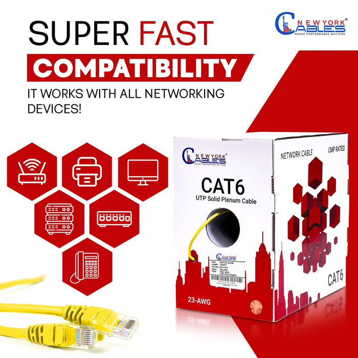 CAT6 Plenum (CMP) 1000ft Bulk Ethernet Cable | Certified 100% Pure Solid Bare Copper | 550MHz, 23AWG, UTP | Blue, White, Green, Red & Yellow | | High Bandwidth & Stable Performance (Yellow)