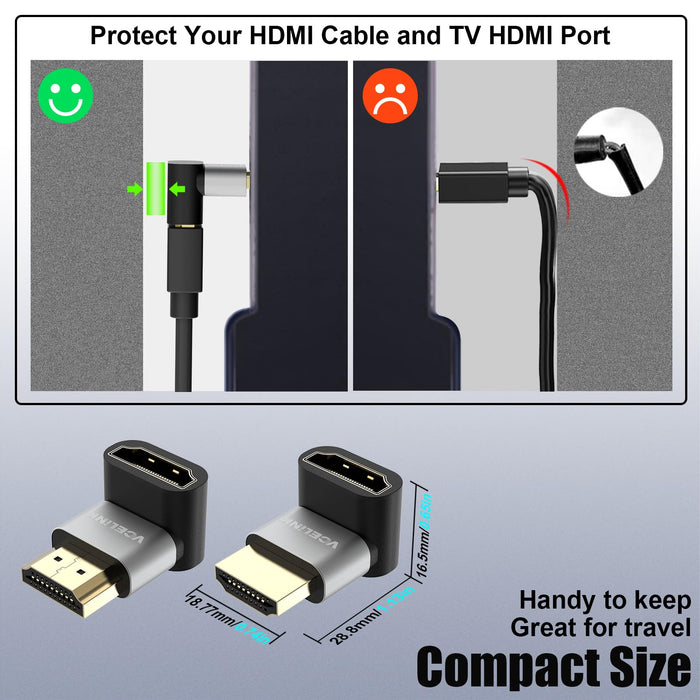 VCELINK 8K HDMI Male to Female Adapter, HDMI Right Angle Connector, HDMI 90 and 270 Degree Adapters, HDMI 2.1 Support 8K@60Hz, 4K@120Hz HDR, Dolby, eARC, 3D, for TV, Laptop, Monitor, DVR Player