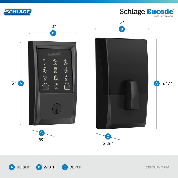 SCHLAGE Encode Smart WiFi Deadbolt with Century Trim in Matte Black (BE489WB CEN 622)