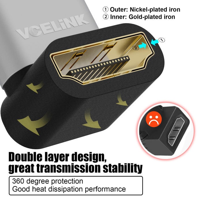 VCELINK 8K HDMI Male to Female Adapter, HDMI Right Angle Connector, HDMI 90 and 270 Degree Adapters, HDMI 2.1 Support 8K@60Hz, 4K@120Hz HDR, Dolby, eARC, 3D, for TV, Laptop, Monitor, DVR Player