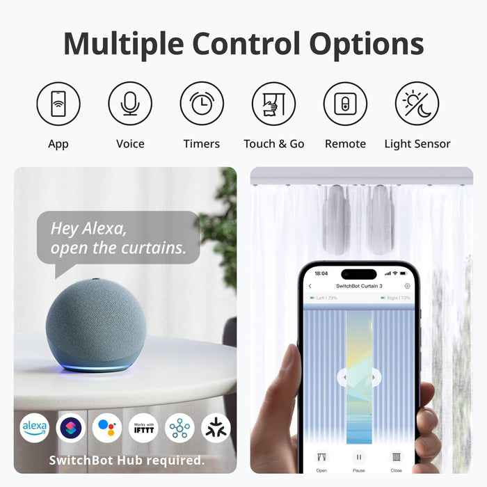 SwitchBot Smart Automatic Curtain Opener - Bluetooth Remote Control with App/Timer, Upgraded High-Performance Motor, Add SwitchBot Hub to Make it Work with Alexa, Google Home, HomeKit(Curtain 3,Rod)