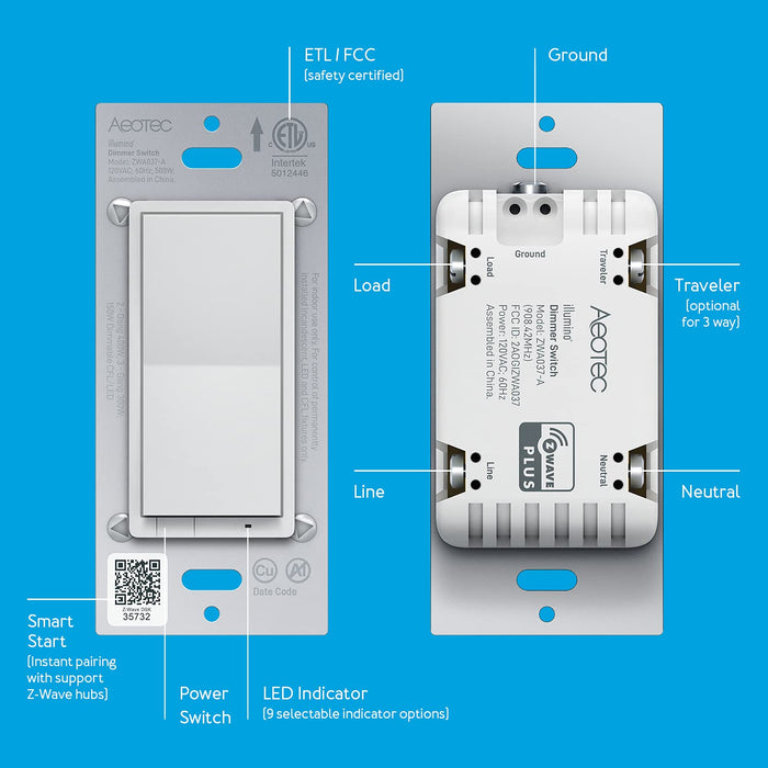 Zwave Light dimmer Switch: Aeotec Wall Dimmer Switch, 3 Way, Repeater, On Off Dim, SmartThings Switch, Z-Wave Plus, Gen7, illumino, ZWave hub Required