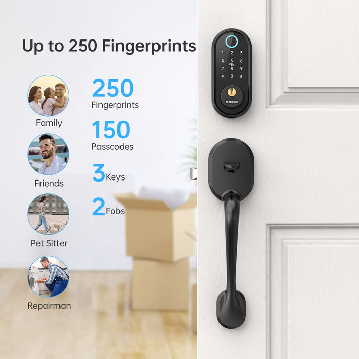 Smart Lock, Keyless Entry Door Lock for Front Door, SMONET Electronic Bluetooth Deadbolt with Biometric Fingerprint, Keys, Fobs, Auto Lock, Smart Phone Control for Home,Apartment