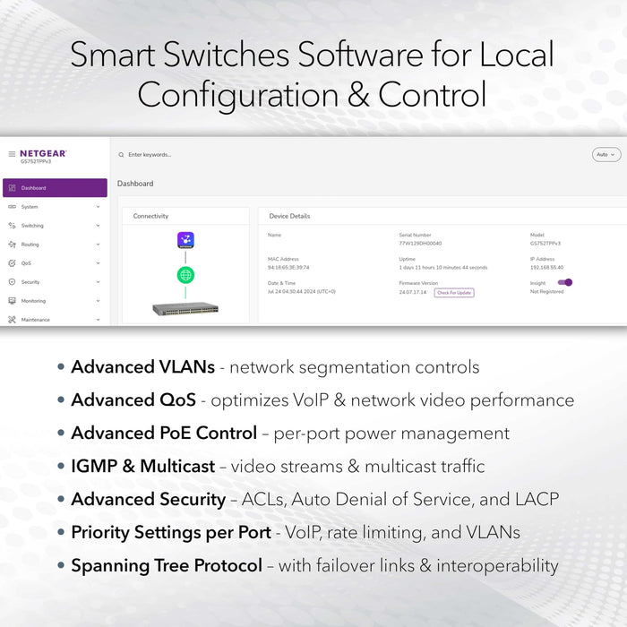 NETGEAR 26-Port PoE Gigabit Ethernet Smart Switch (GS724TP) - Managed, 24 x 1G, 24 x PoE+ @ 190W, 2 x 1G SFP, Optional Insight Cloud Management, Desktop or Rackmount, and Limited Lifetime Protection