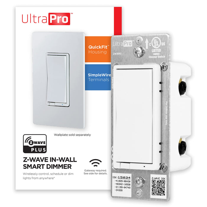 UltraPro Z-Wave Smart Rocker Light Dimmer with QuickFit and SimpleWire, 3-Way Ready, Compatible with Alexa, Google Assistant, ZWave Hub Required, Repeater/Range Extender, White Paddle Only, 39351