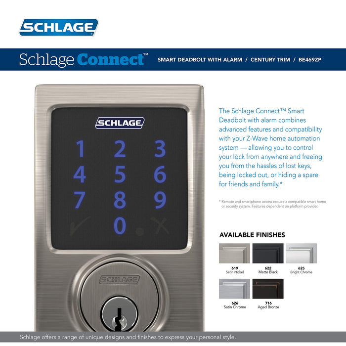 Schlage BE469ZP CEN 622 Connect Smart Deadbolt with Alarm with Century Trim in Matte Black, Z-Wave Plus Enabled