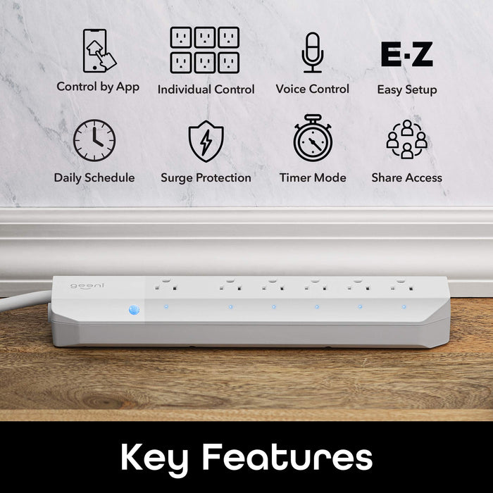 Geeni Smart Surge Protector 6-Outlet Power Strip – Wi-Fi Enabled with Voice Control (Alexa, Google Assistant), Energy Monitoring, Surge Protection, 3ft Extension Cord, Remote Access