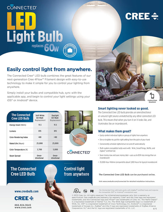 Cree Lighting BA19-08027OMF-12CE26-1C100 Cree Connected LED Smart Bulb, 11watts, 1pk, Soft White (Packaging May Vary)