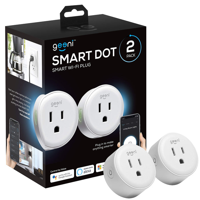 Geeni Dot Smart Wi-Fi Outlet – 2 Pack, Compact Design, Control Appliances with Alexa, Google Assistant, and The Geeni App, Energy Monitoring, Voice Control, 2.4GHz, White