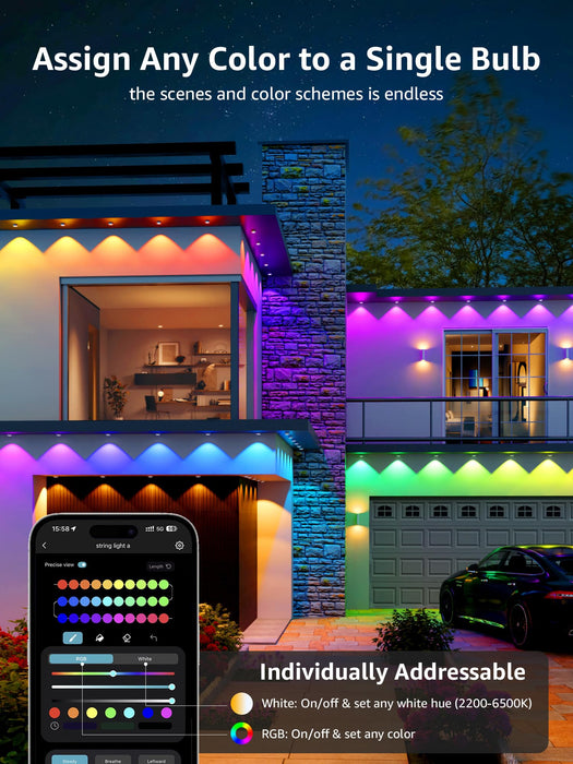 Lepro E1 AI Permanent Outdoor Lights APP Control, 100ft RGB+IC Smart Christmas Lights with 60 Warm/Cool White LED, Alexa Google Enabled Eaves Lights, AI Generated Lighting LLM, NO Remote, 2.4 GHz WiFi