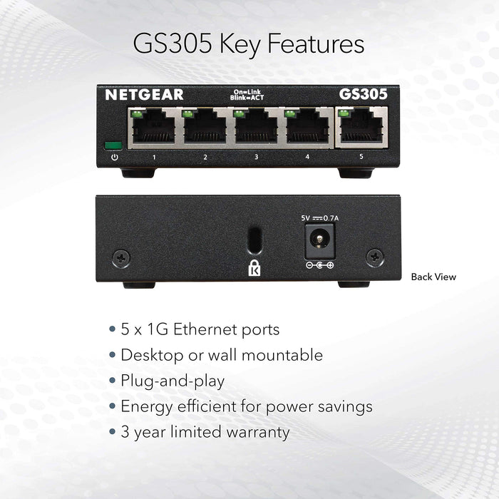 NETGEAR 5-Port Gigabit Ethernet Unmanaged Switch (GS305) - Desktop, Sturdy Metal Fanless Housing