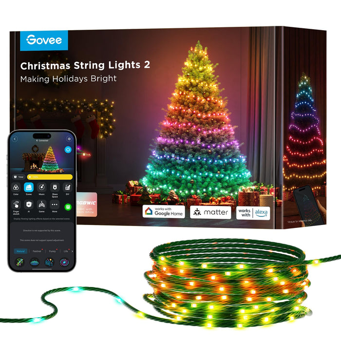 Govee Christmas Lights 2, 99FT 300LEDs RGBWIC Christmas Tree Lights with Shape Mapping Function, Smart Holiday String Lights for Christmas Decor, 130+ Preset Scenes, Voice and APP Control, Green Wire