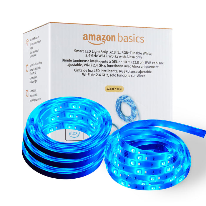 Amazon Basics Smart LED Light Strip 32.8ft, RGB+Tunable White, 2.4 GHz Wi-Fi, Works with Alexa Only