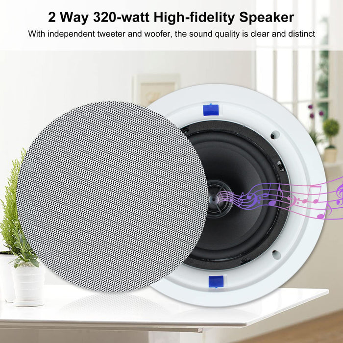 Herdio 6.5 Inch Bluetooth Ceiling Speakers 320W 2-Way in Wall Speakers with Wall Amplifier Suitable for Home Theater Living Room Kitchen Office (White, Pair)