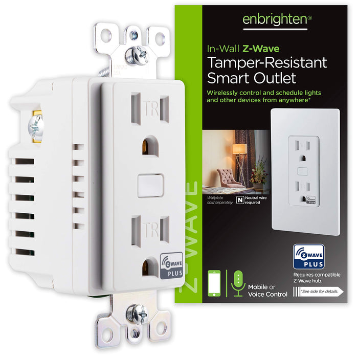 Enbrighten Z-Wave Plus Smart Receptacle, Works with Alexa, Google Assistant, Tamper-Resistant, 1 Z-Wave Outlet & 1 Always On Outlet, Hub Required, White, Smart Outlet, Lamps, Small Appliances, 55256