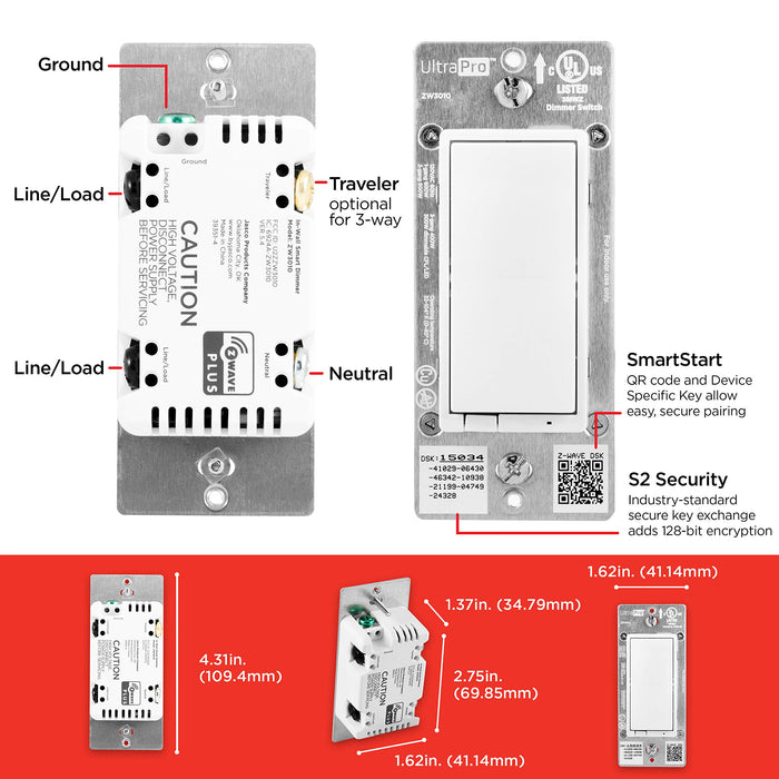 UltraPro Z-Wave Smart Rocker Light Dimmer with QuickFit and SimpleWire, 3-Way Ready, Compatible with Alexa, Google Assistant, ZWave Hub Required, Repeater/Range Extender, White Paddle Only, 39351