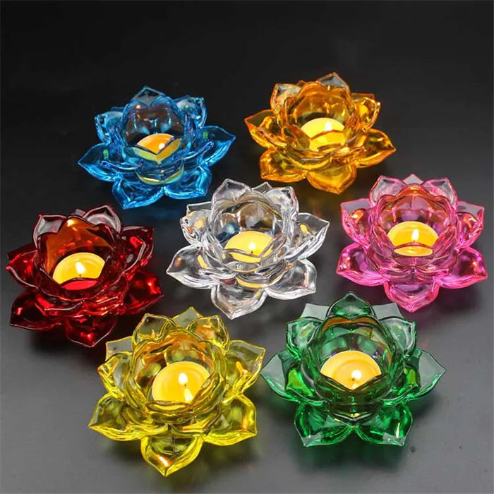 New Stained Glass Lotus Candle Candlestick Butter Lamp Holder Crystal