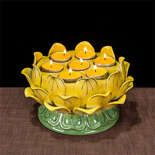 Seven Star lotus flower candleholder ceramic lamp golden yellow pink