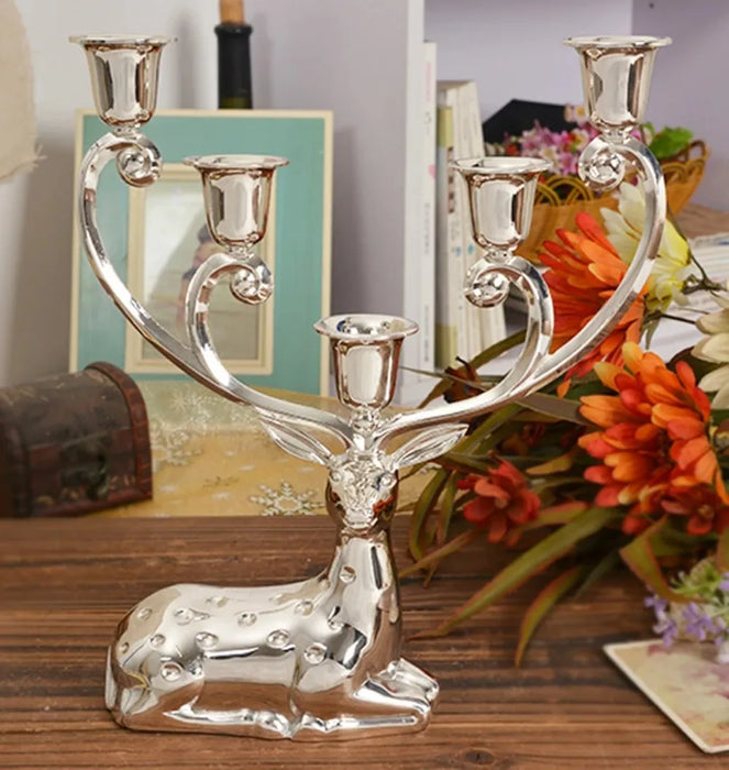 IMUWEN Shiny Silver Finish Metal Reindeer Shape Candle Holder 5-Arms