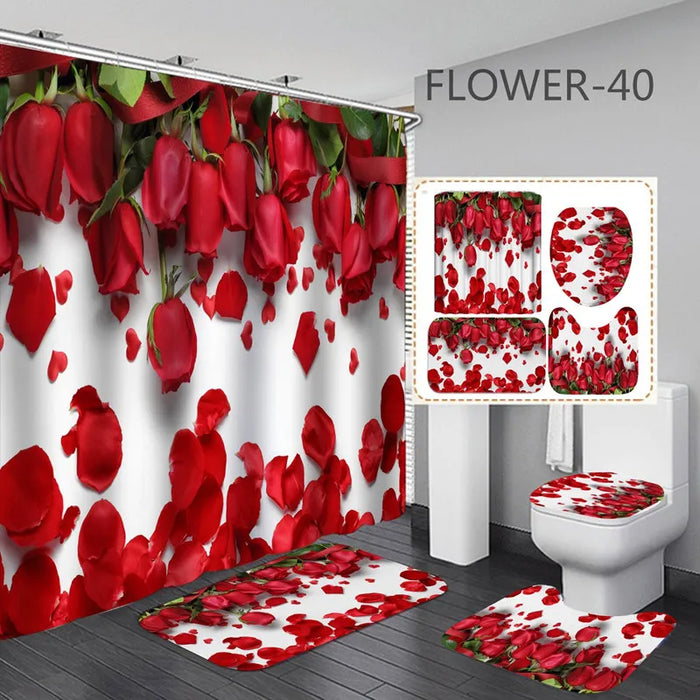 3D Print Flowers Bath Curtain Waterproof Red Rose Shower Curtain