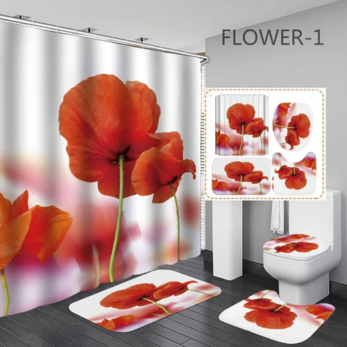 3D Print Flowers Bath Curtain Waterproof Red Rose Shower Curtain